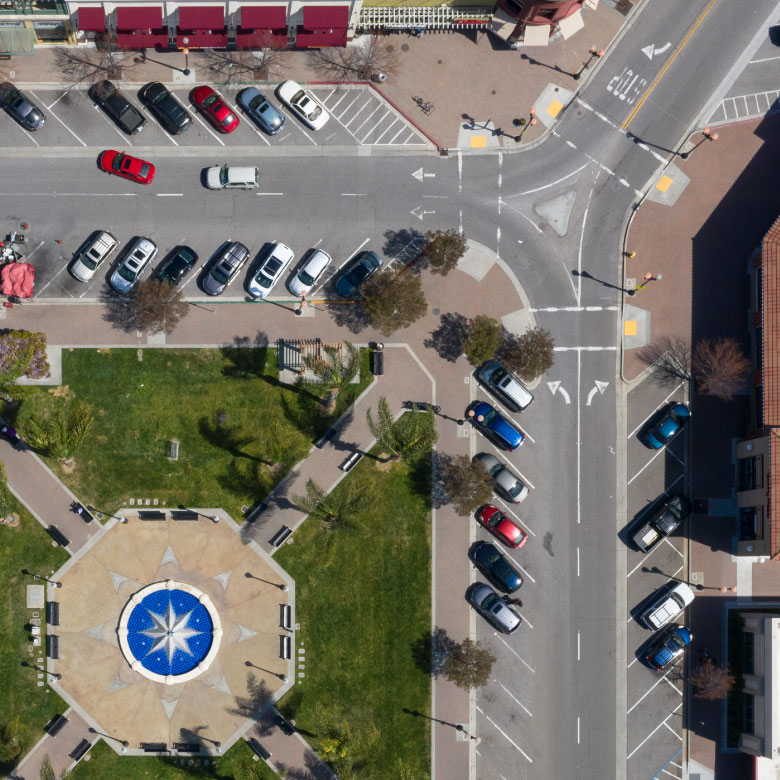 View of a public plaza and town square from directly above.