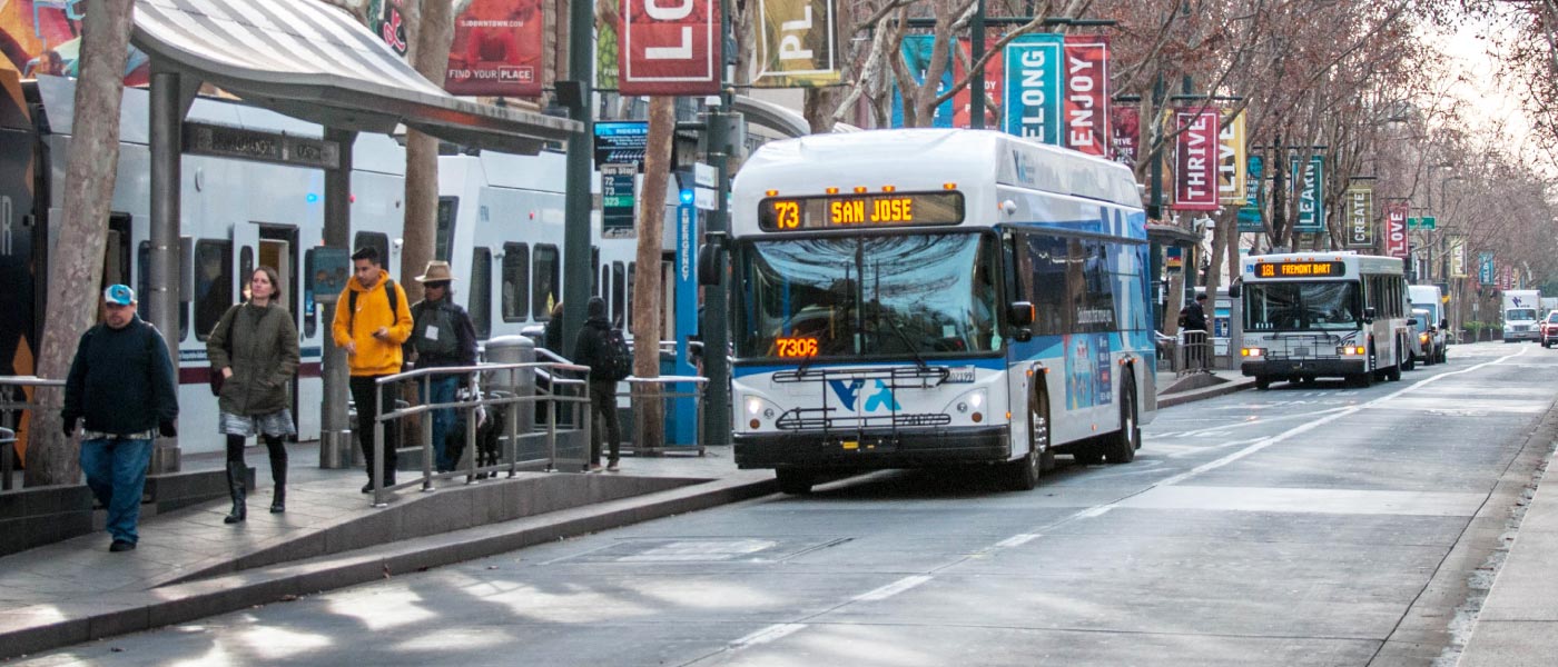 VTA bus arriving at bus stop in downtown San Jose